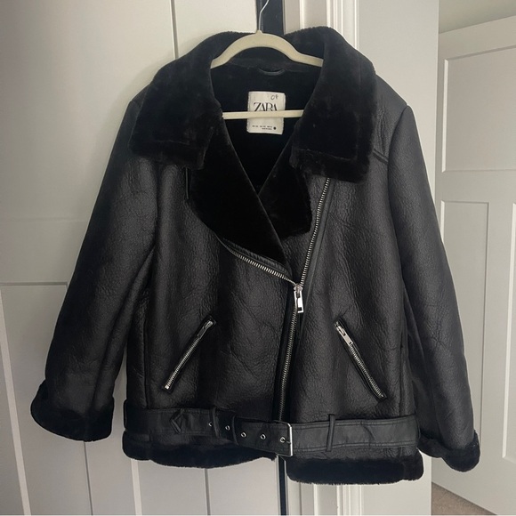 Zara Faux Leather Shearling Buckle Biker Moto Jacket Black Sherpa - Picture 6 of 8